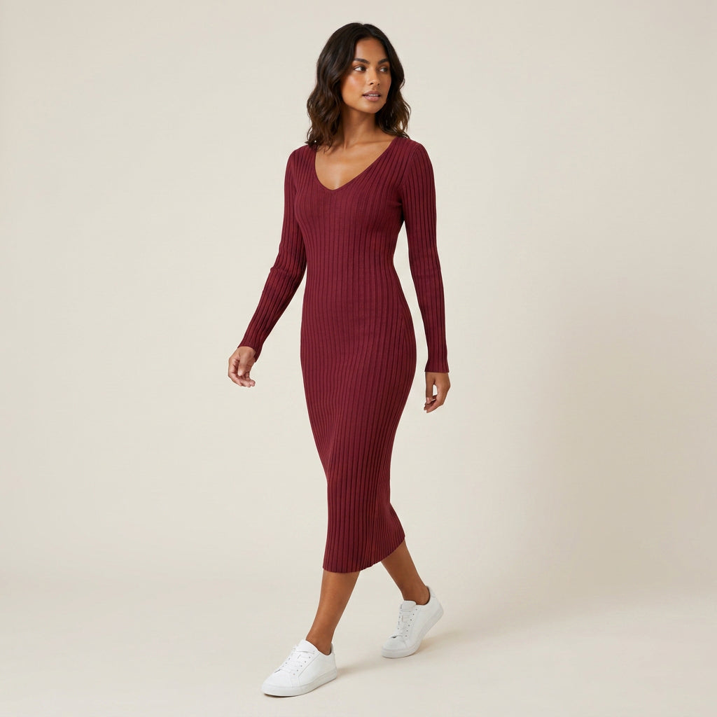 Vestido Midi de Canalé con Escote de Pico para Mujer