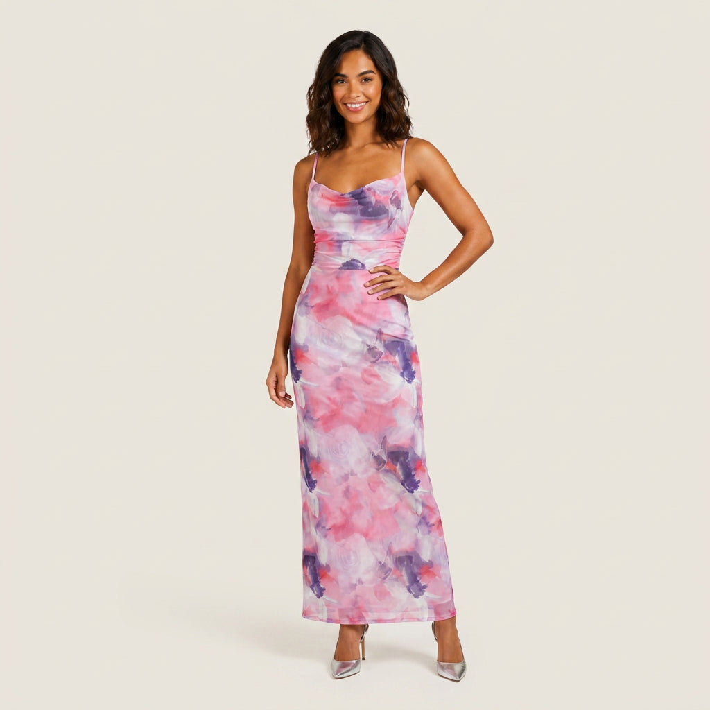 Vestido Largo Estampado Floral Escote Drapeado para Mujer