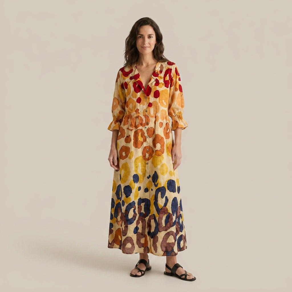 Vestido Largo Animal Print Multicolor Manga Abullonada para Mujer