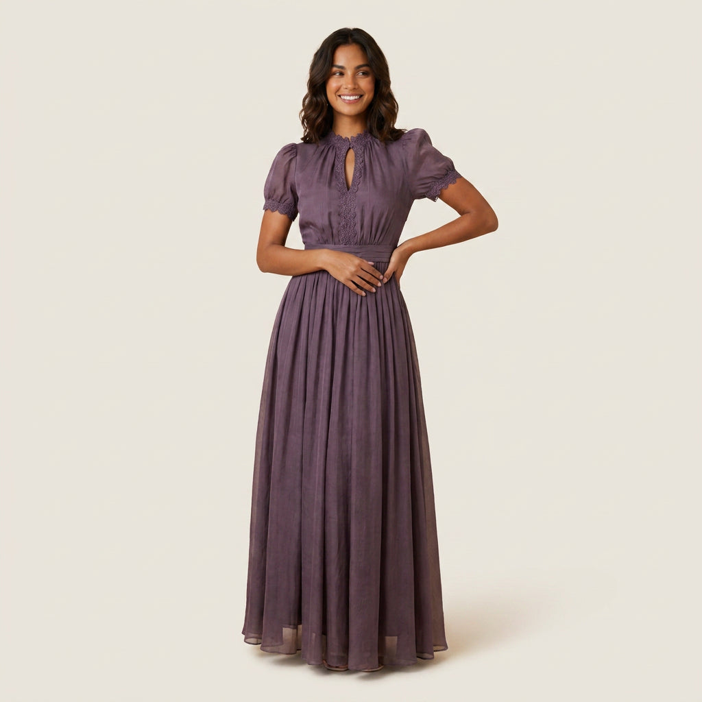 Vestido Largo Efecto Gasa con Encaje para Mujer
