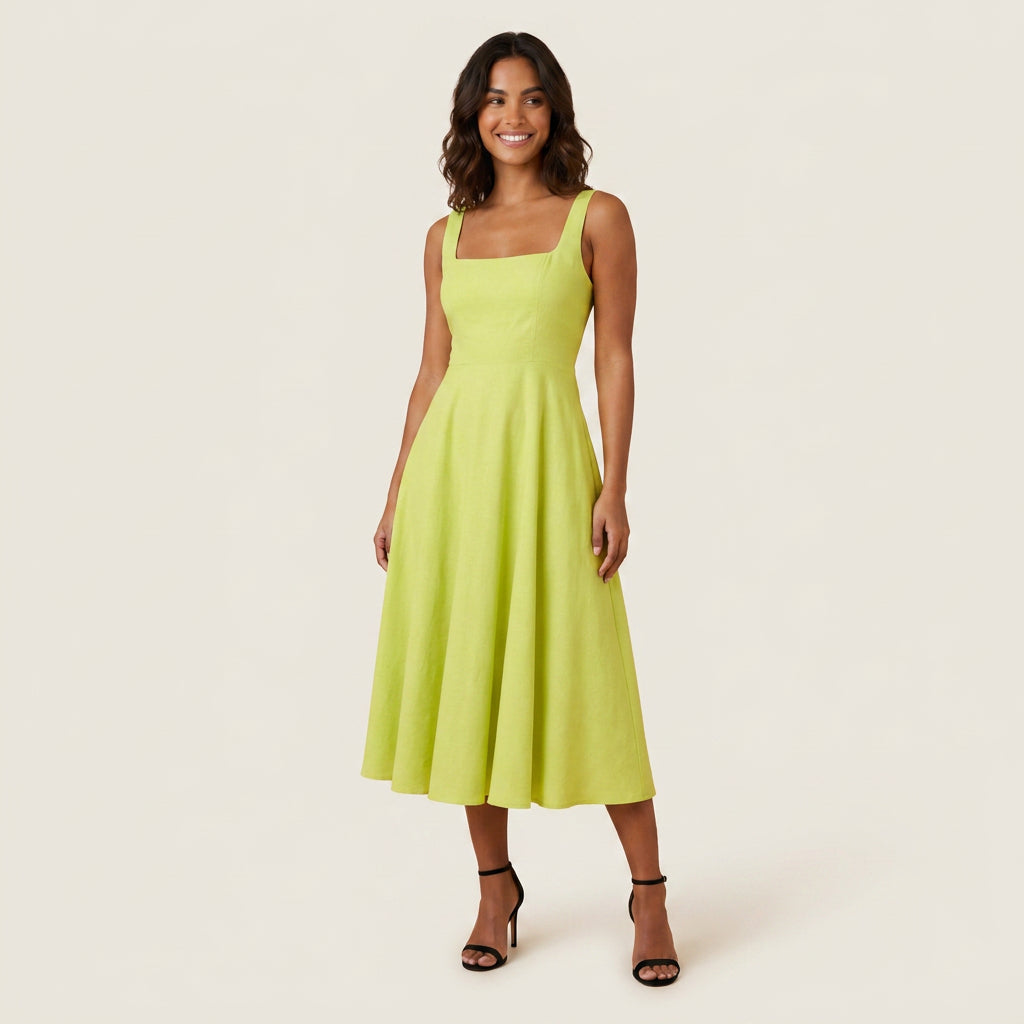 Vestido Midi Escote Cuadrado Falda Vuelo para Mujer