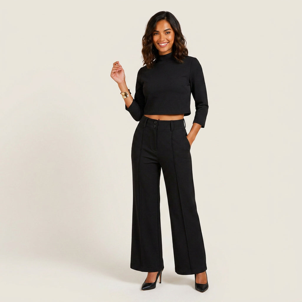 Conjunto Top Crop Cuello Alto Pantalón Recto para Mujer