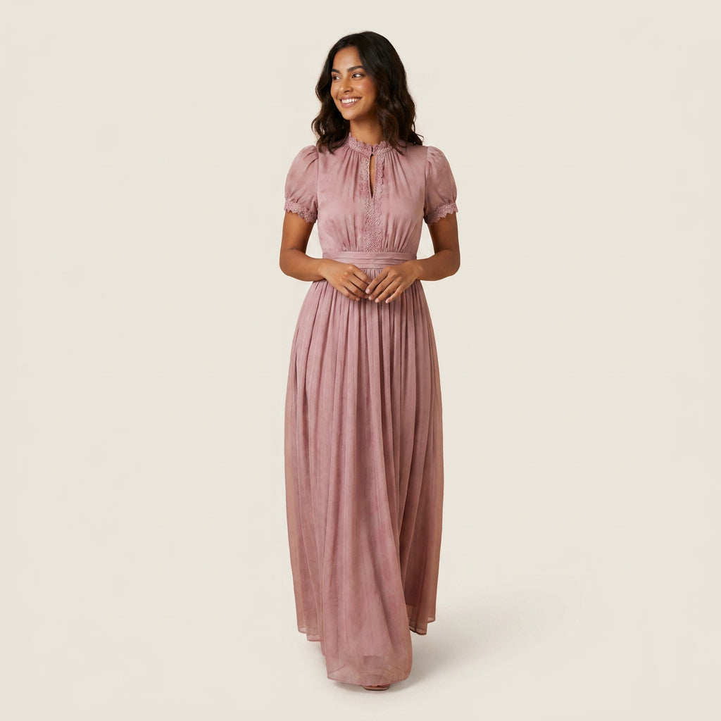 Vestido Largo Efecto Gasa con Encaje para Mujer