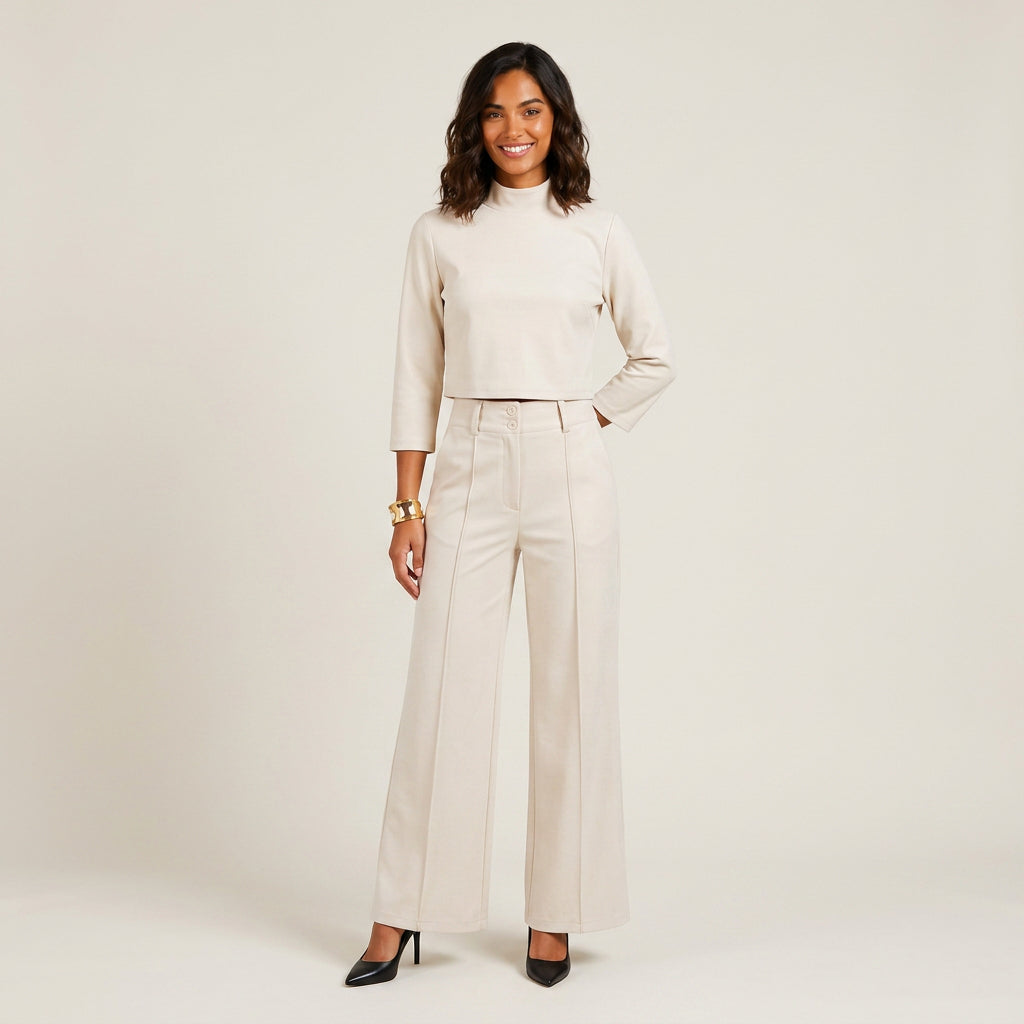 Conjunto Top Crop Cuello Alto Pantalón Recto para Mujer