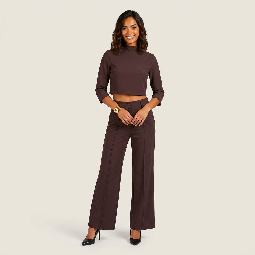 Conjunto Top Crop Cuello Alto Pantalón Recto para Mujer