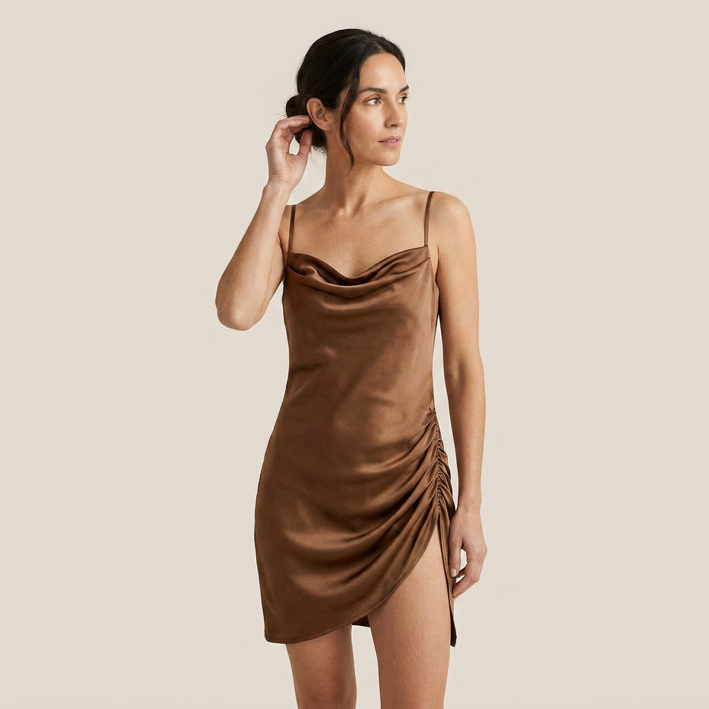 Vestido Mini Satén Cuello Cascada Fruncido Lateral para Mujer