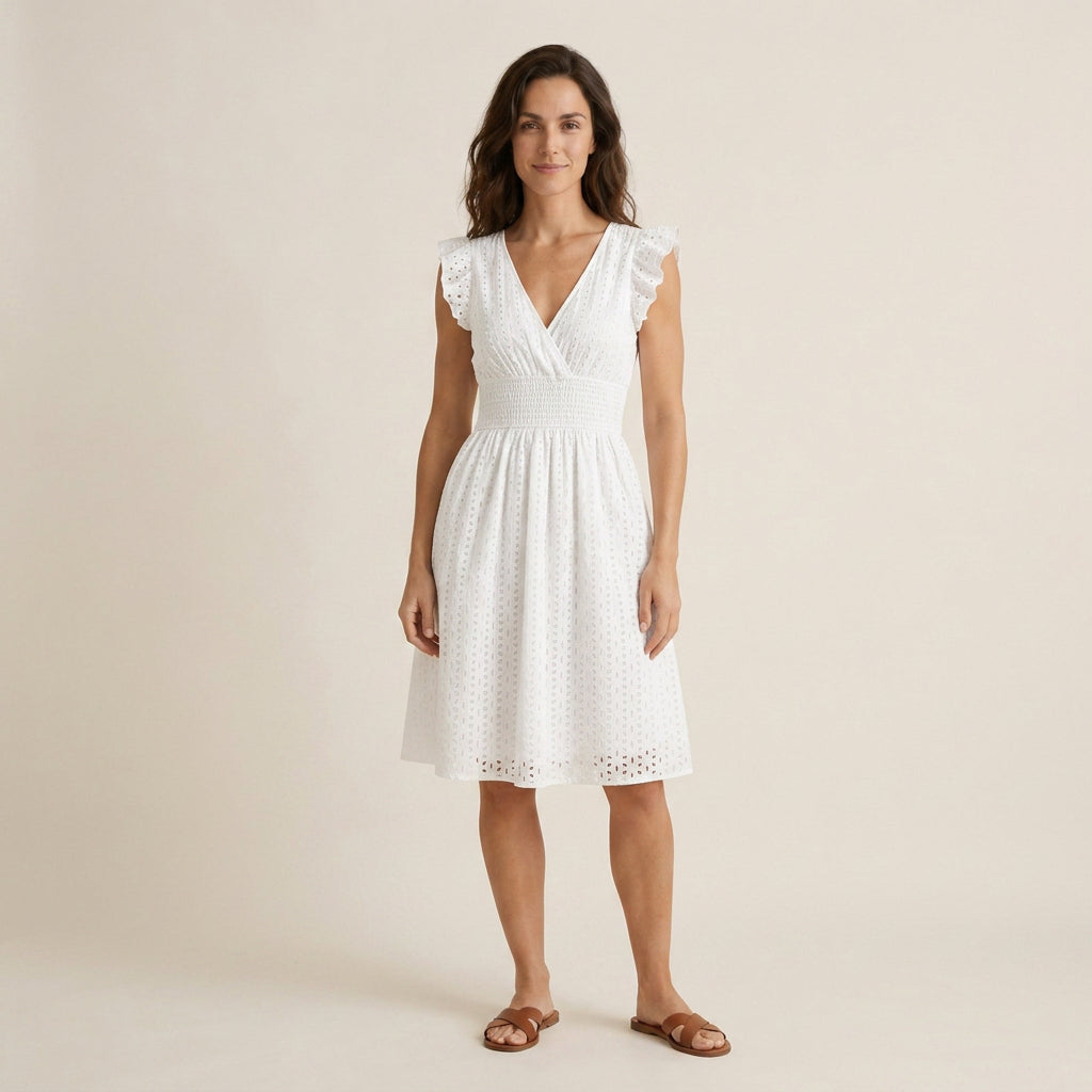 Vestido Midi Bordado Inglés Cintura Fruncida para Mujer