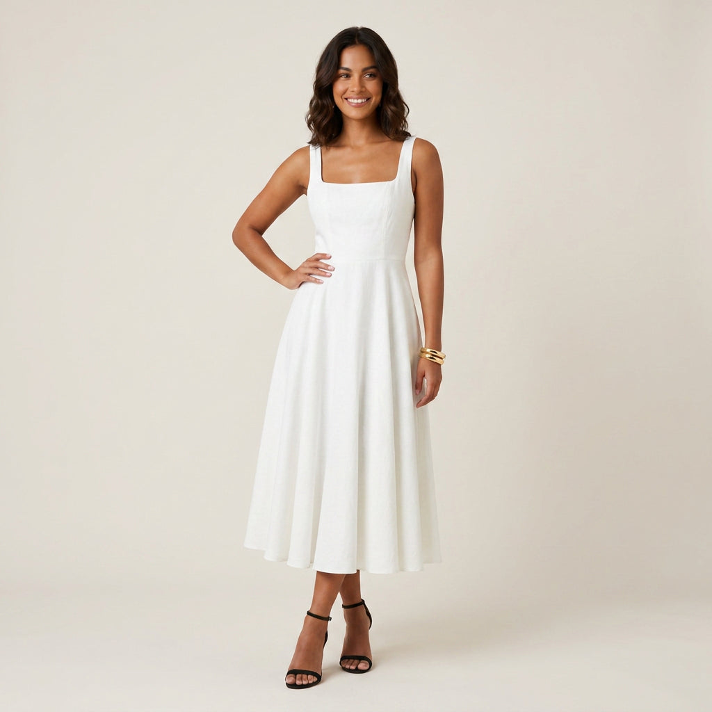 Vestido Midi Escote Cuadrado Falda Vuelo para Mujer