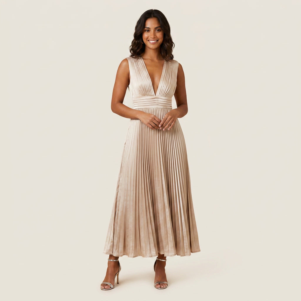 Vestido de Fiesta Plisado Efecto Satén para Mujer