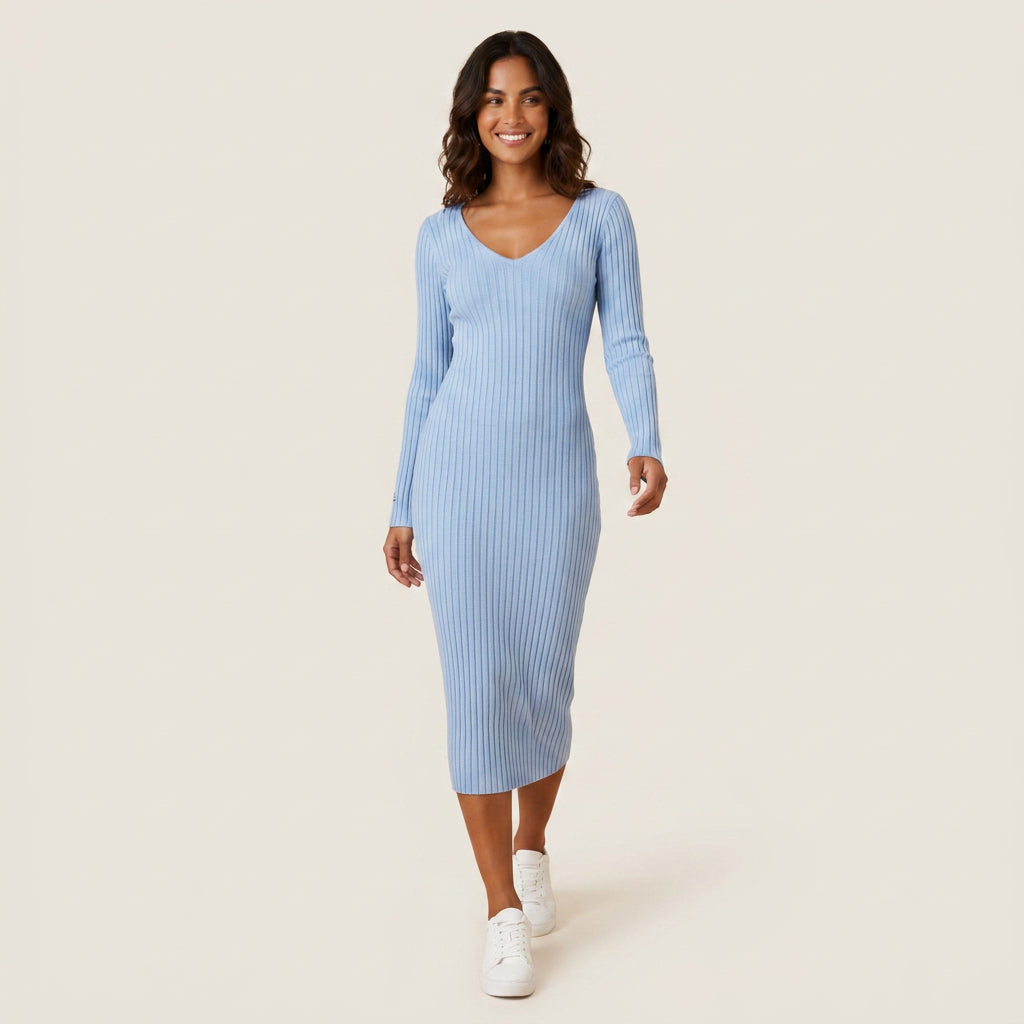 Vestido Midi de Canalé con Escote de Pico para Mujer