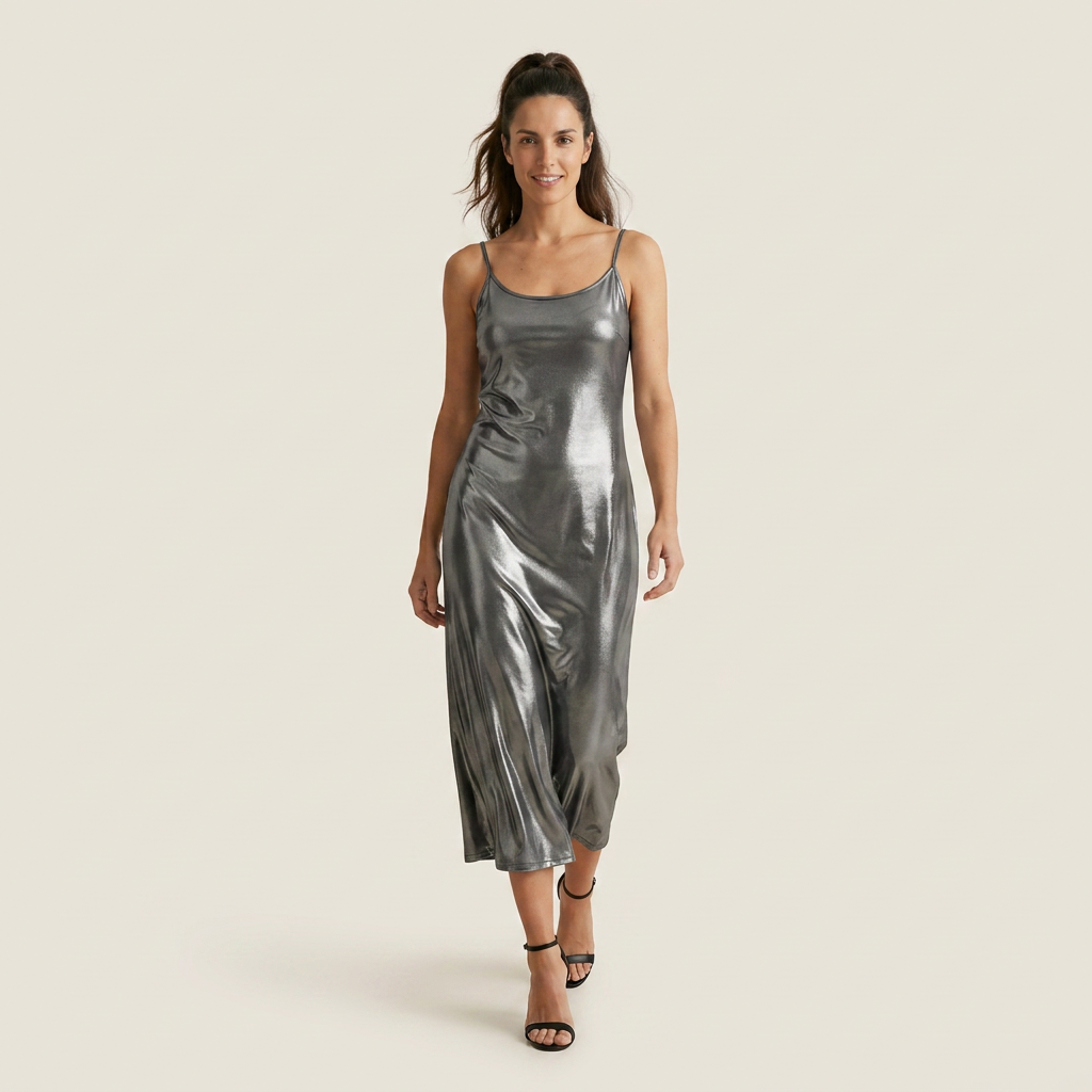 Vestido Midi Metálico Tirantes Finos Corte Slip para Mujer