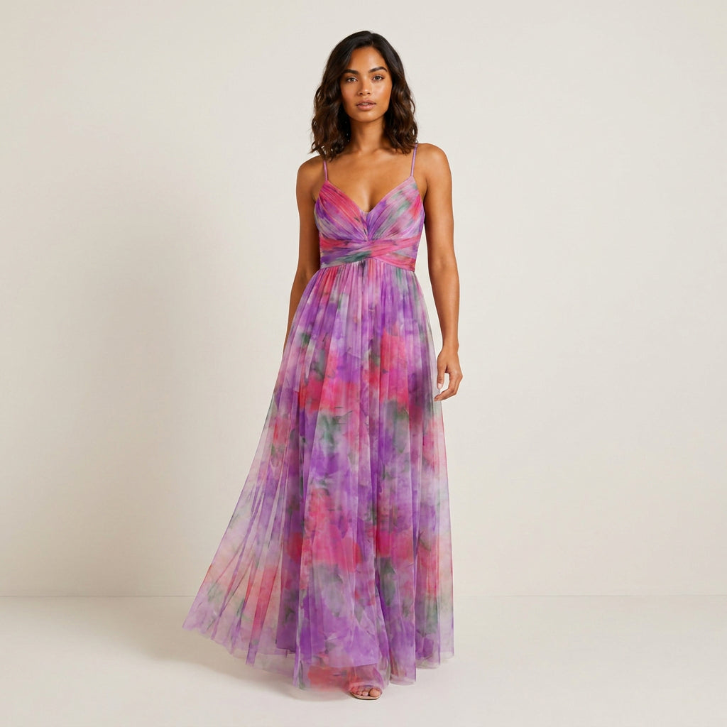 Vestido Largo Estampado Acuarela Tirantes Finos para Mujer
