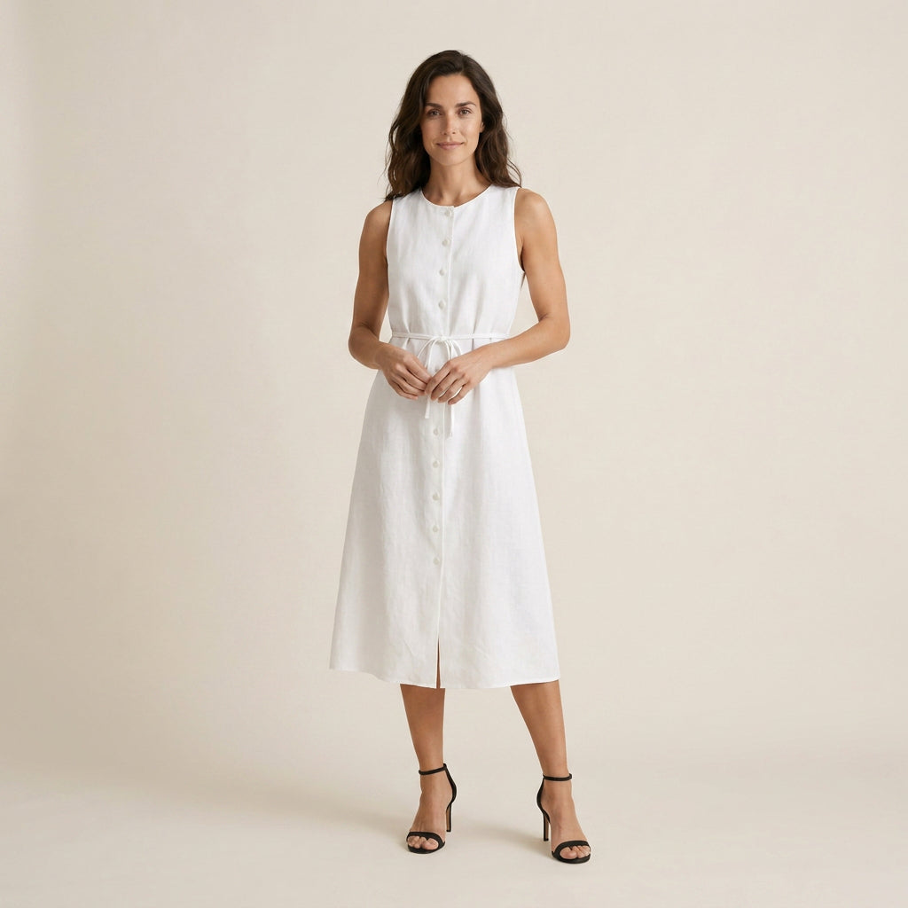 Vestido Midi sin Mangas con Botones y Cinturón para Mujer