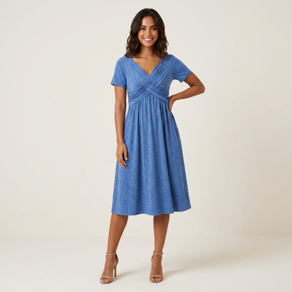 Vestido Midi Escote Trenzado Manga Corta para Mujer