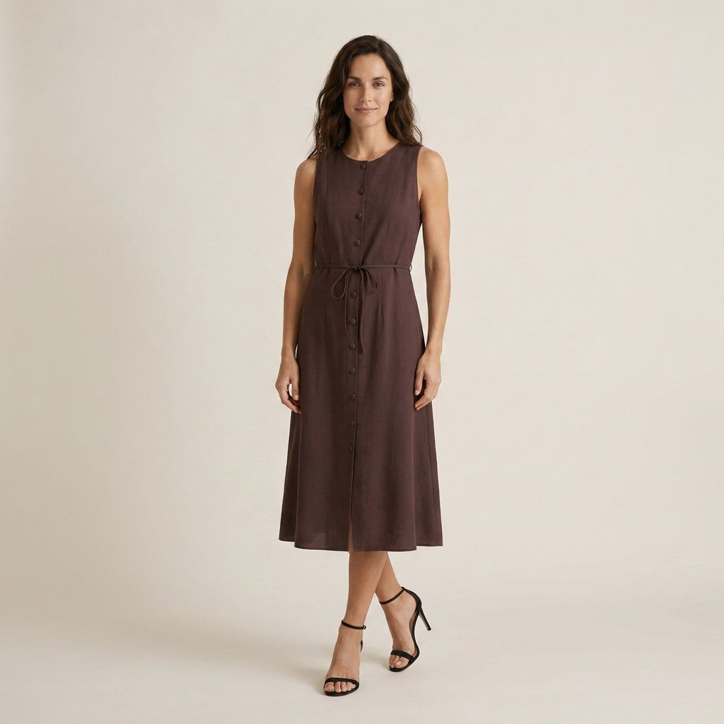 Vestido Midi sin Mangas con Botones y Cinturón para Mujer