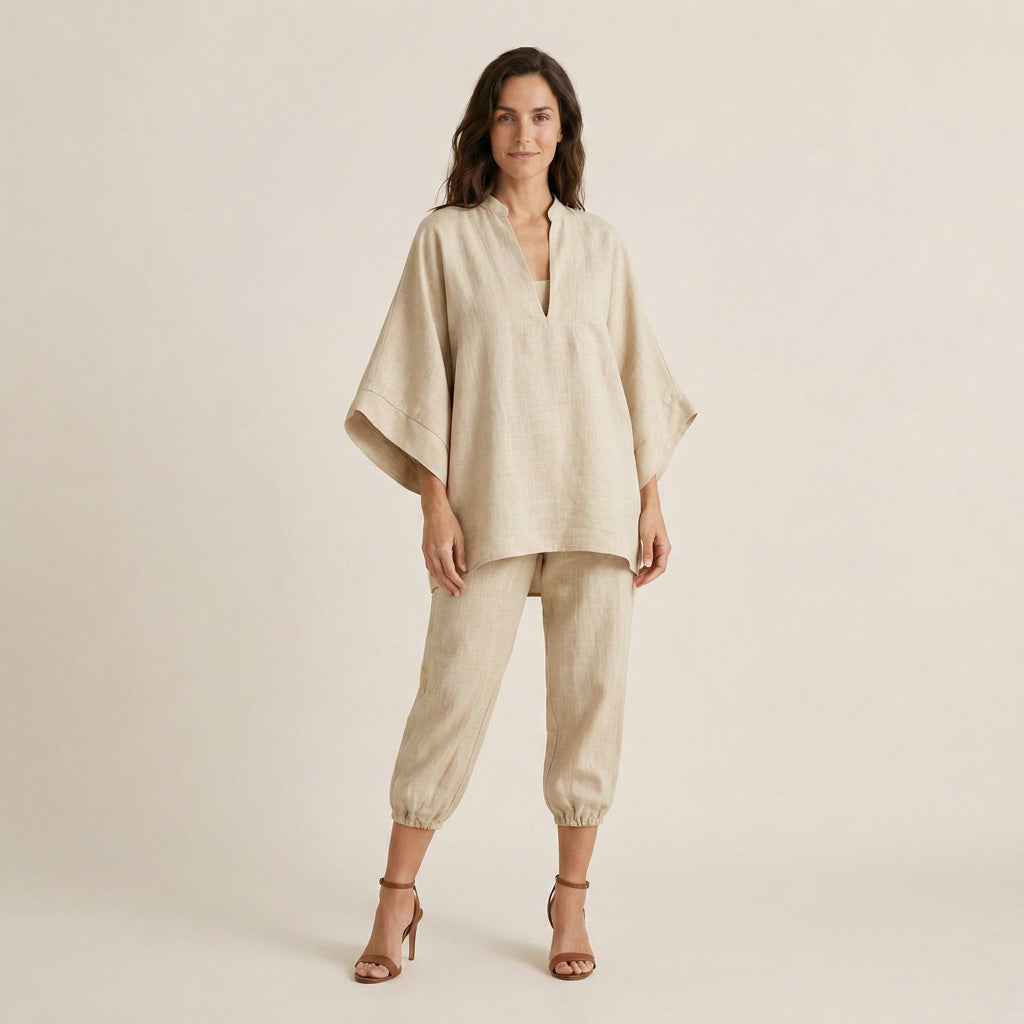 Conjunto de Lino con Túnica y Pantalón Capri para Mujer