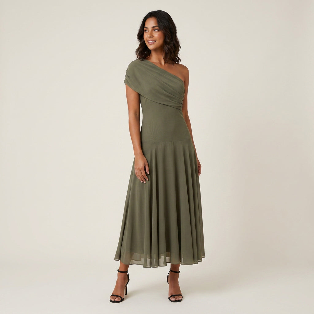 Vestido Midi Efecto Gasa un Solo Hombro para Mujer
