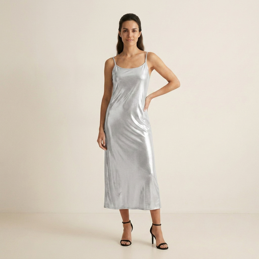 Vestido Midi Metálico Tirantes Finos Corte Slip para Mujer