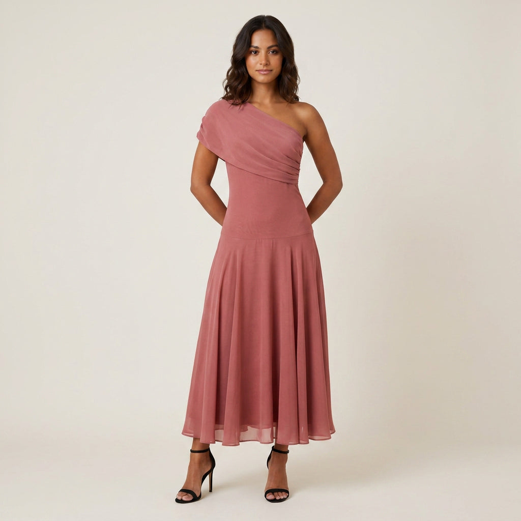 Vestido Midi Efecto Gasa un Solo Hombro para Mujer