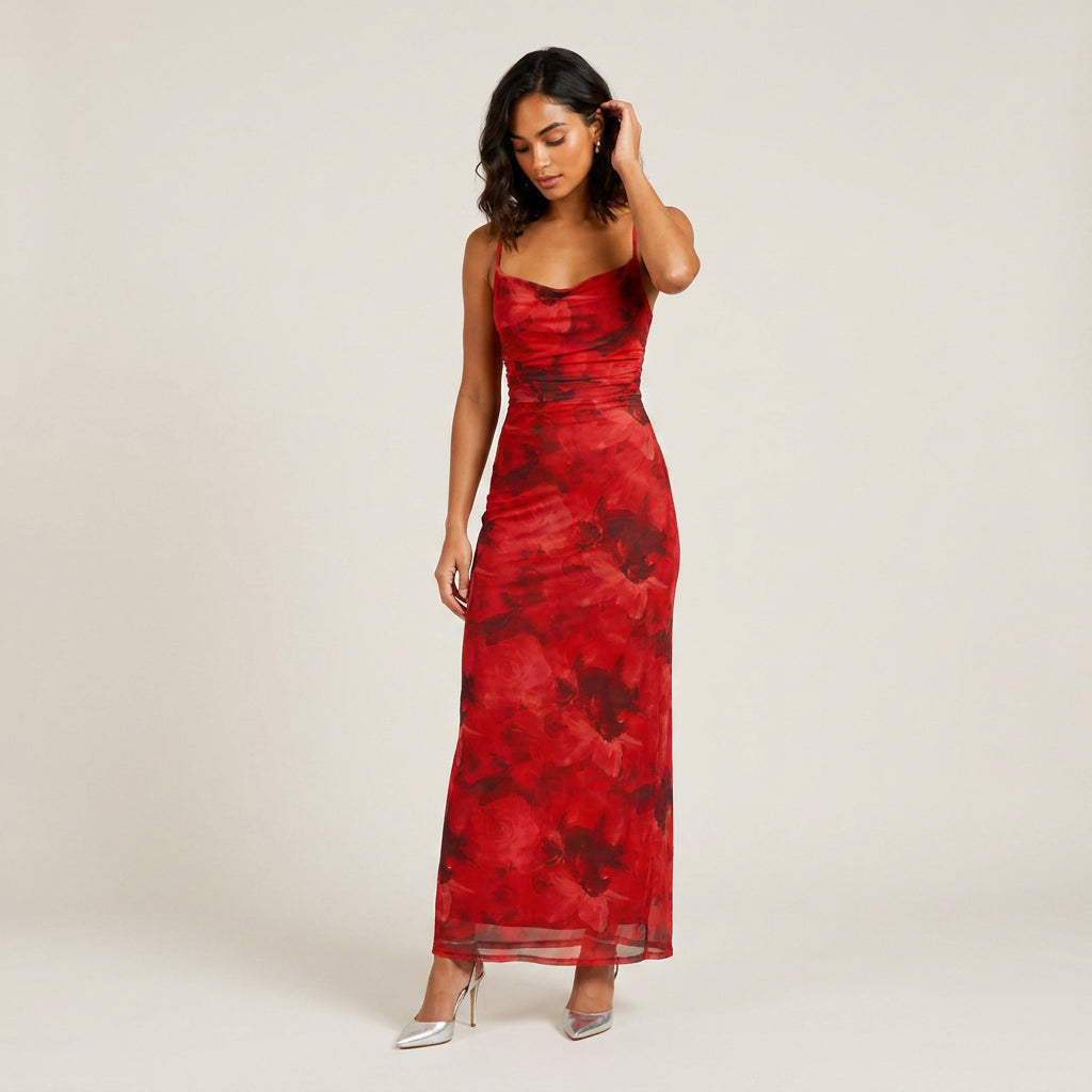 Vestido Largo Estampado Floral Escote Drapeado para Mujer