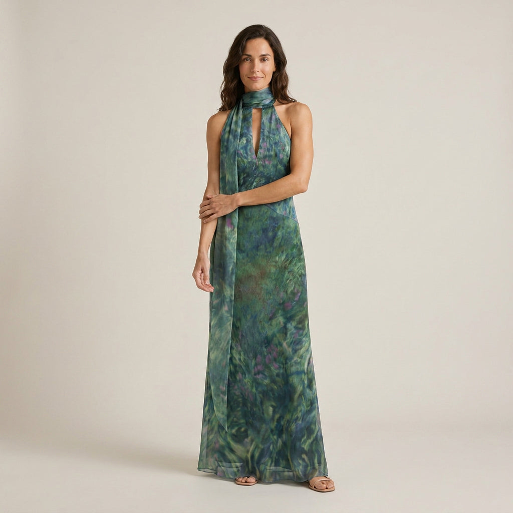 Vestido Fiesta Cuello Halter Foulard Largo para Mujer