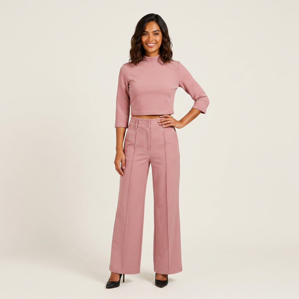 Conjunto Top Crop Cuello Alto Pantalón Recto para Mujer