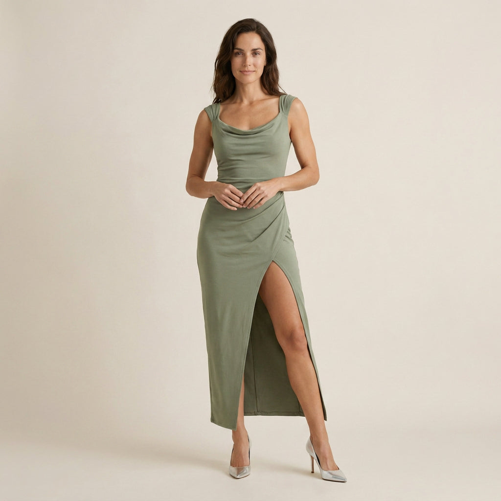 Vestido Largo Escote Drapeado Abertura Frontal para Mujer