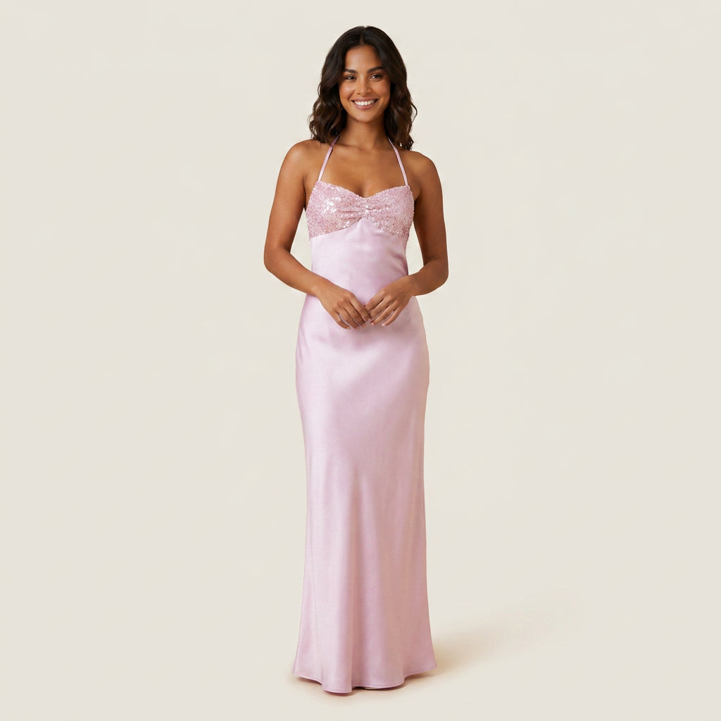 Vestido Largo Efecto Satén con Pedrería para Mujer