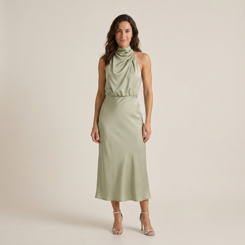 Vestido Midi Cuello Alto Drapeado Halter para Mujer