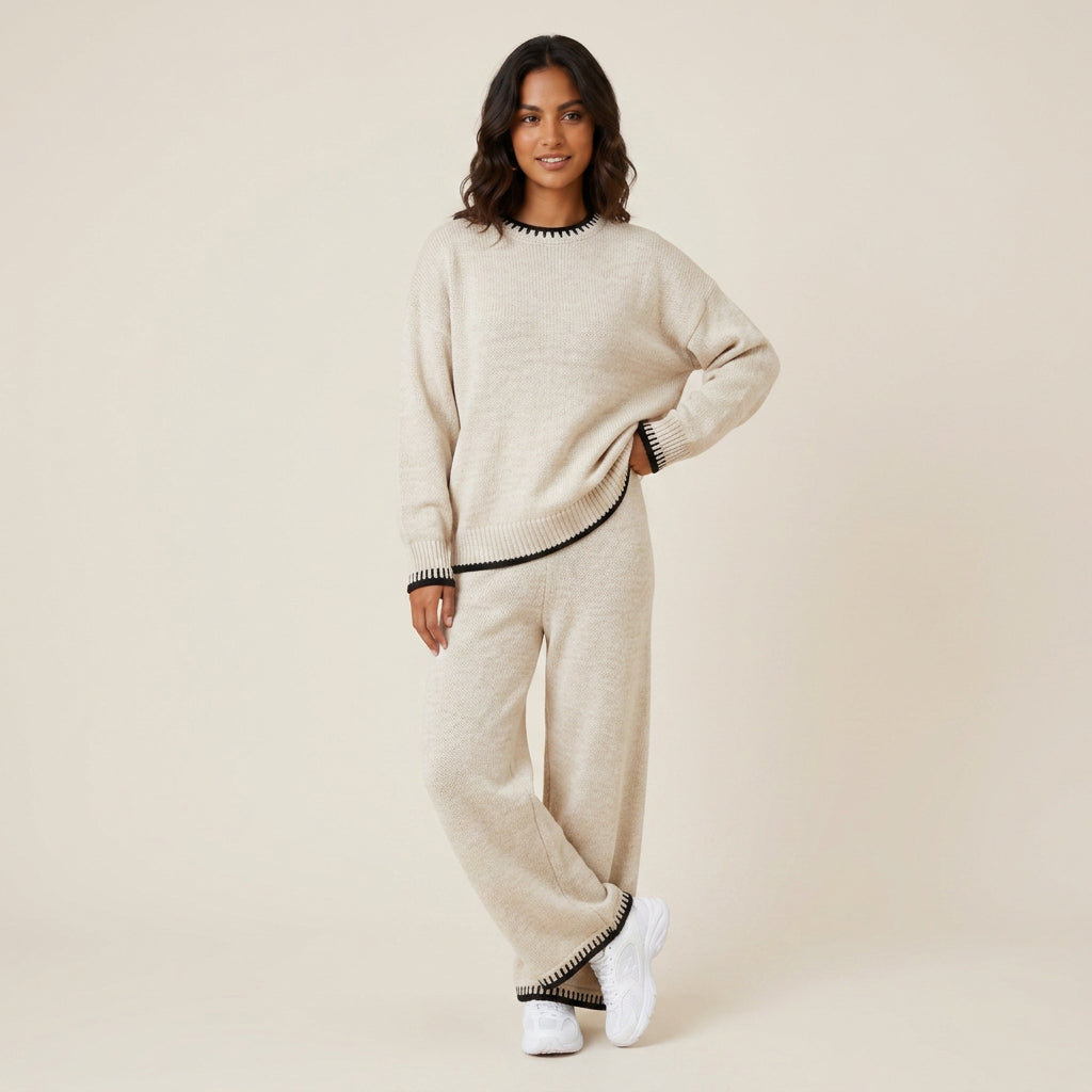 Conjunto de Punto Canalé con Detalle Contrastante para Mujer