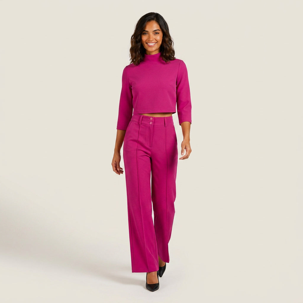Conjunto Top Crop Cuello Alto Pantalón Recto para Mujer