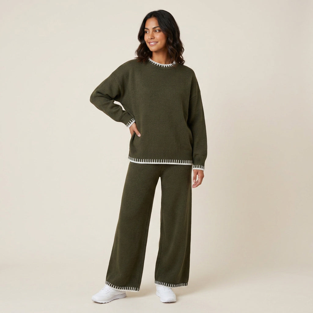 Conjunto de Punto Canalé con Detalle Contrastante para Mujer