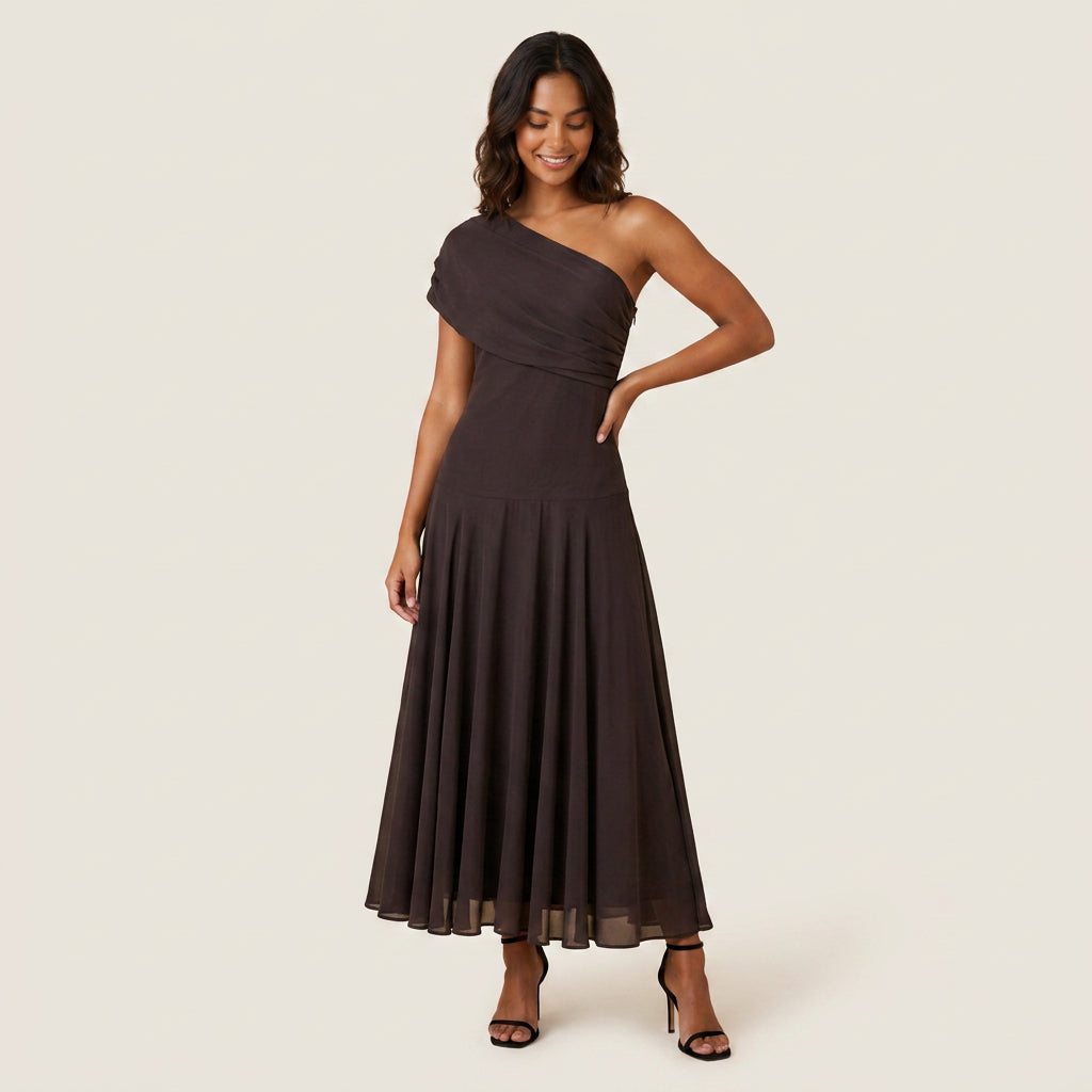 Vestido Midi Efecto Gasa un Solo Hombro para Mujer