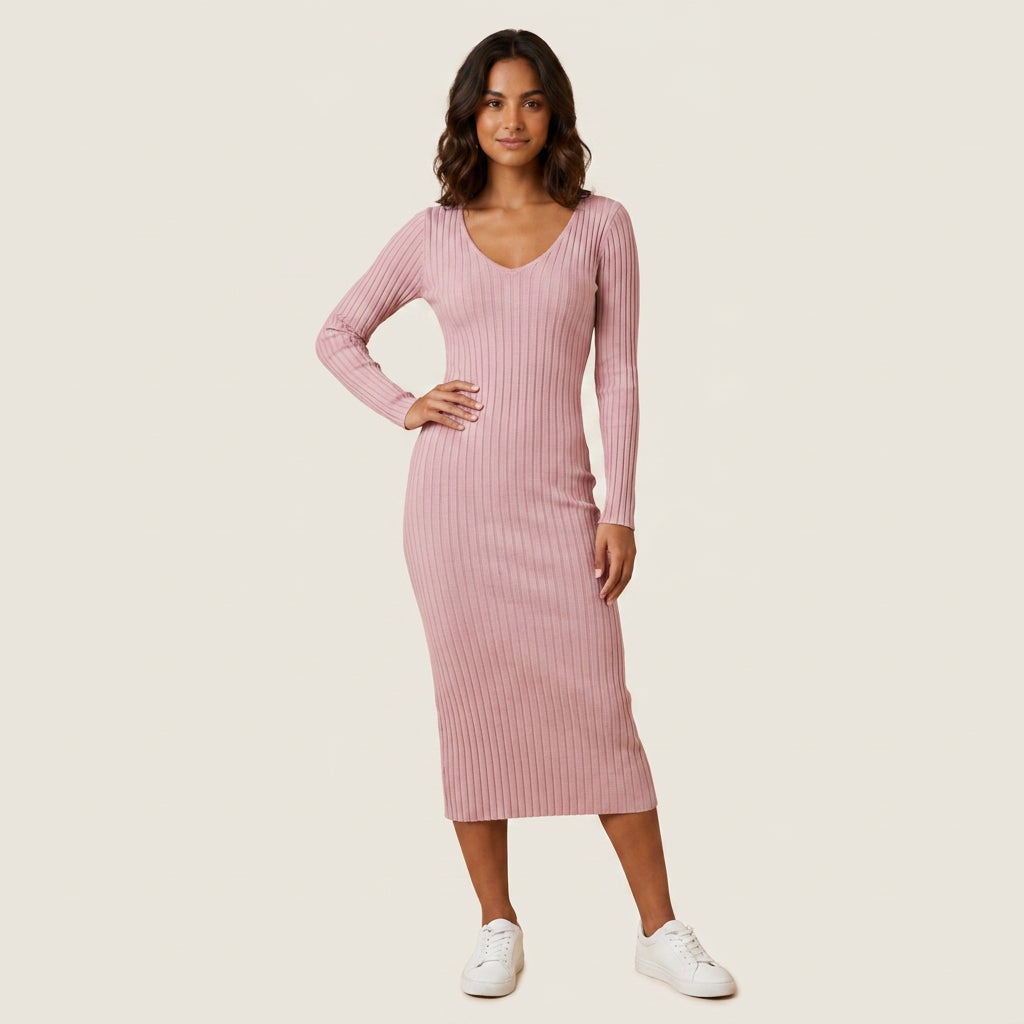 Vestido Midi de Canalé con Escote de Pico para Mujer