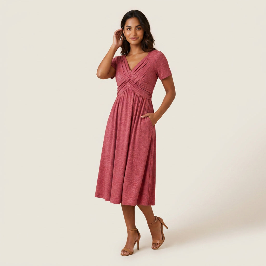 Vestido Midi Escote Trenzado Manga Corta para Mujer