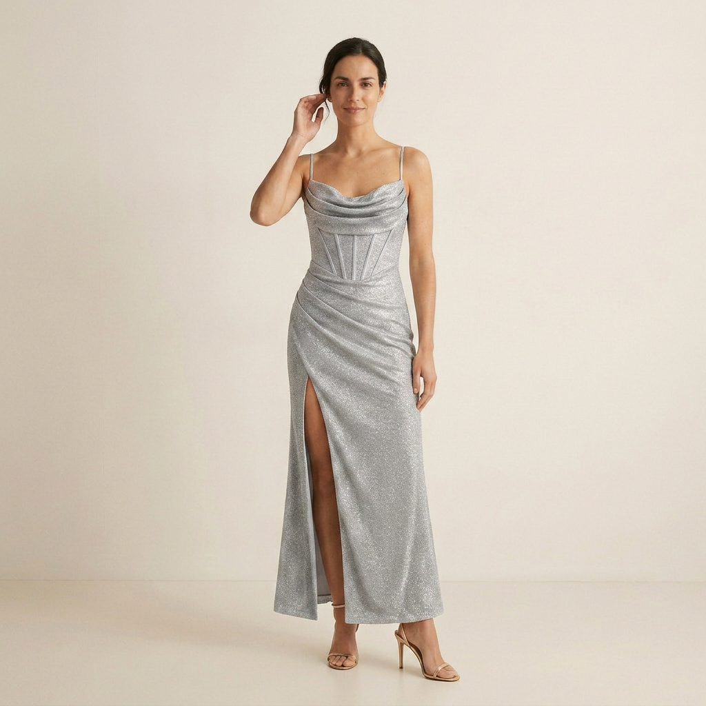 Vestido Maxi Glitter Corsé Cuello Cascada Abertura Lateral para Mujer