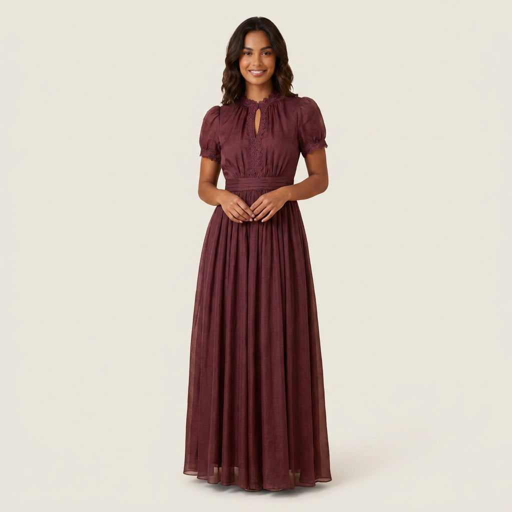 Vestido Largo Efecto Gasa con Encaje para Mujer