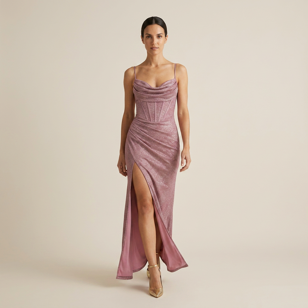 Vestido Maxi Glitter Corsé Cuello Cascada Abertura Lateral para Mujer