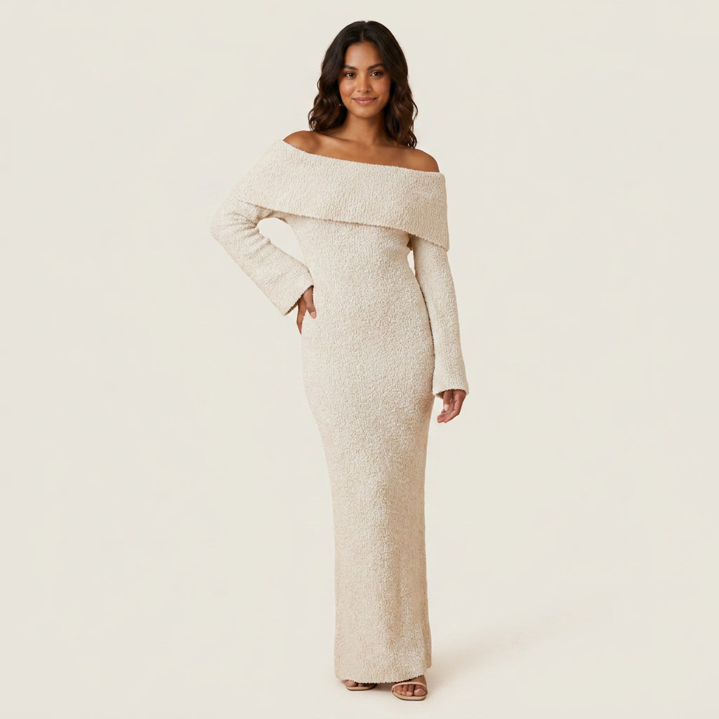 Vestido Largo de Punto con Hombro Descubierto para Mujer