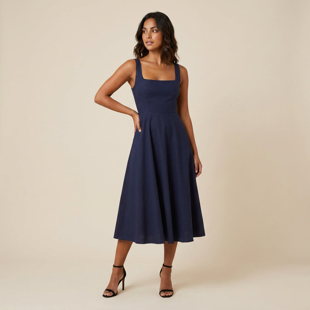Vestido Midi Escote Cuadrado Falda Vuelo para Mujer