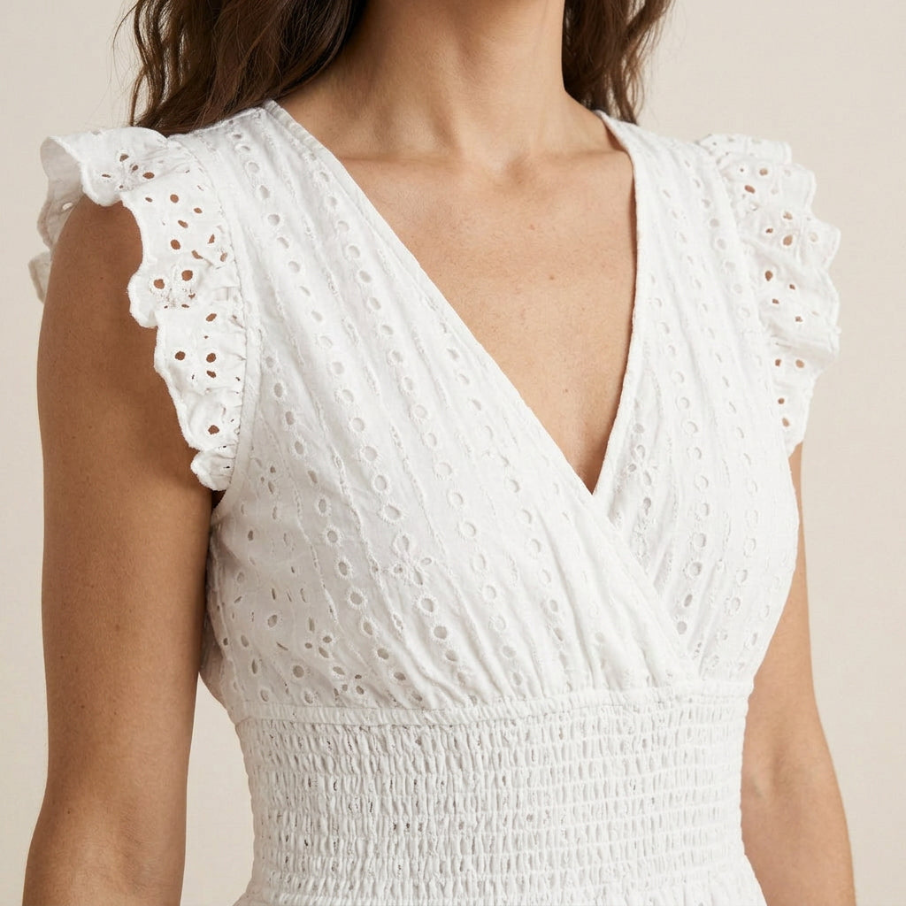 Vestido Midi Bordado Inglés Cintura Fruncida para Mujer