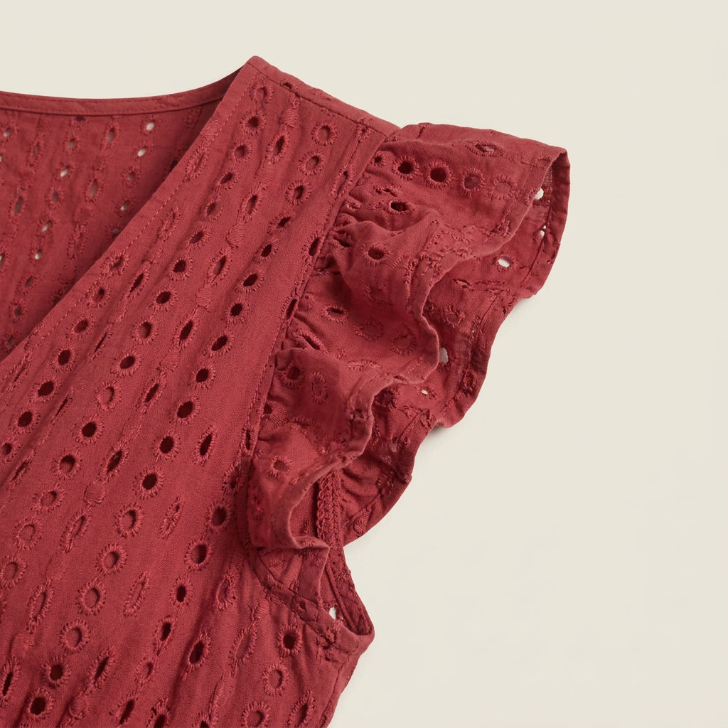Vestido Midi Bordado Inglés Cintura Fruncida para Mujer