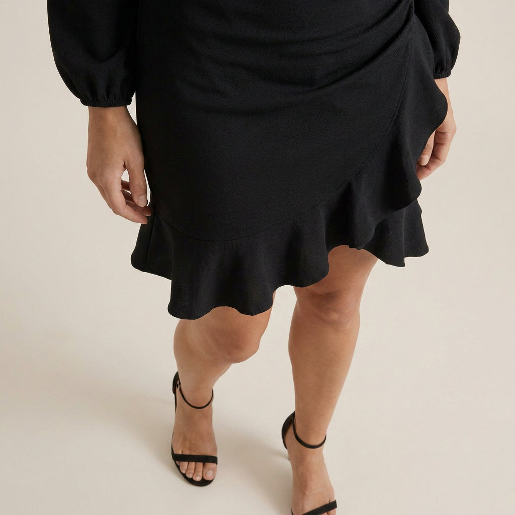Vestido Corto Manga Abullonada Volante Asimétrico para Mujer