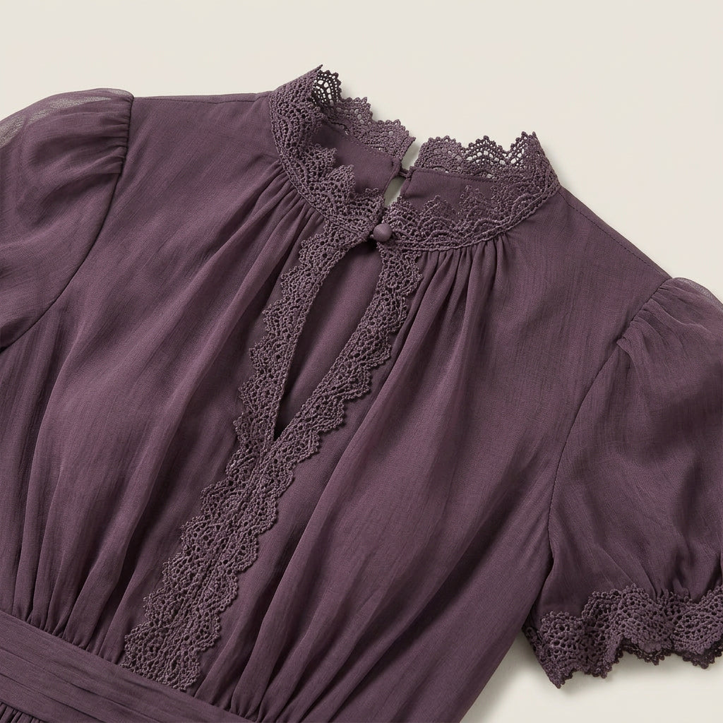 Vestido Largo Efecto Gasa con Encaje para Mujer