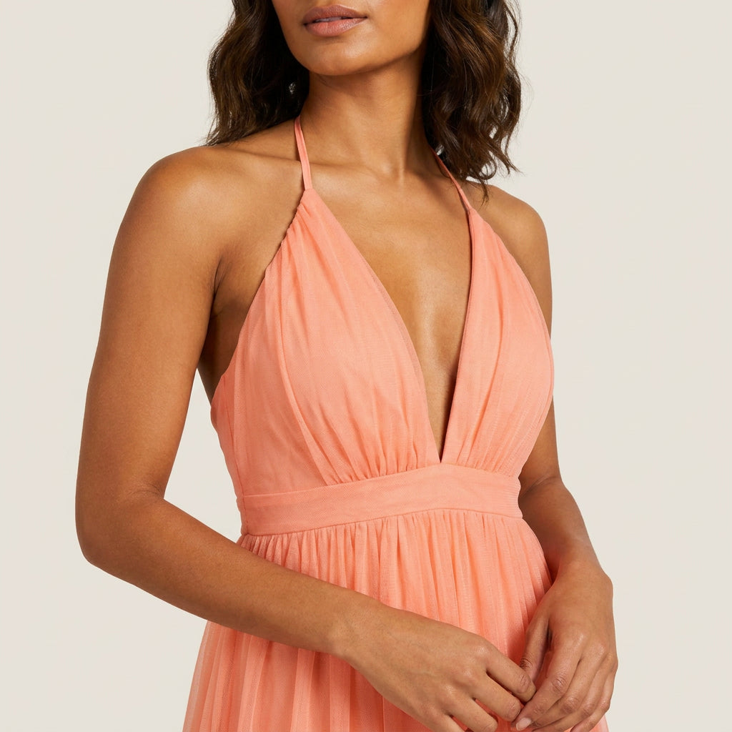 Vestido Fiesta Escote Halter Tul Vaporoso para Mujer