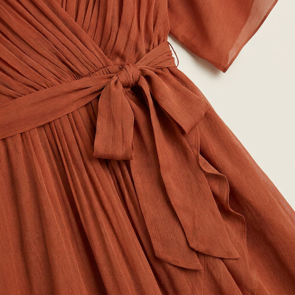 Vestido Midi Cruzado Efecto Gasa con Volante para Mujer