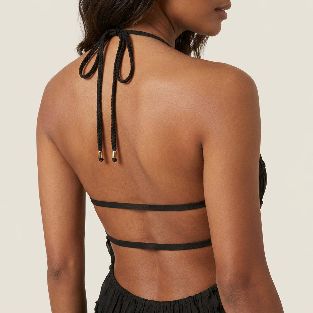 Vestido Midi Efecto Gasa con Cuello Halter para Mujer
