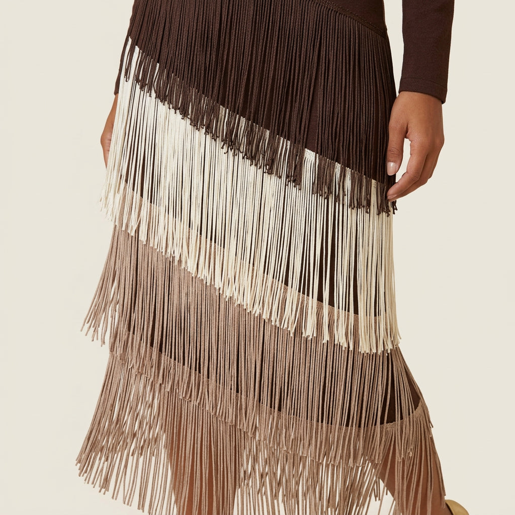 Vestido Midi de Flecos Escalonados Manga Larga para Mujer