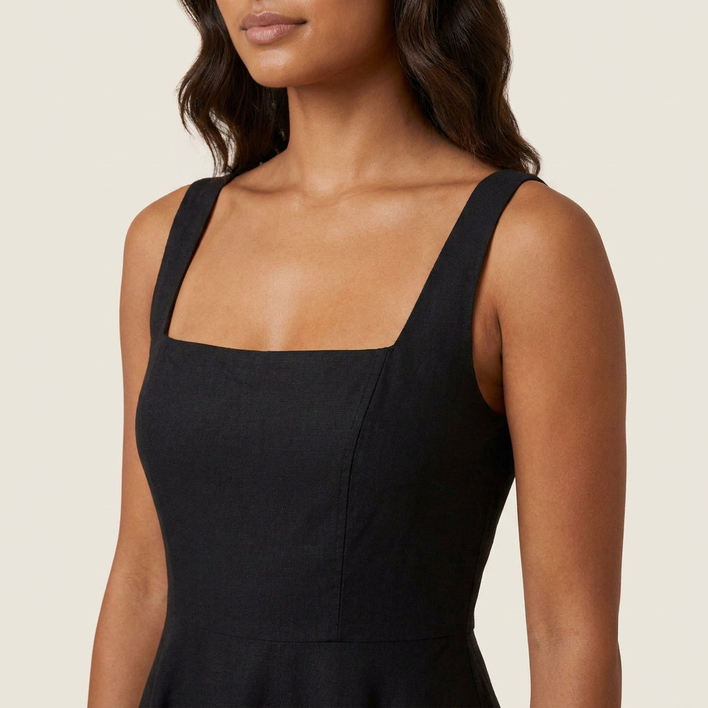 Vestido Midi Escote Cuadrado Falda Vuelo para Mujer