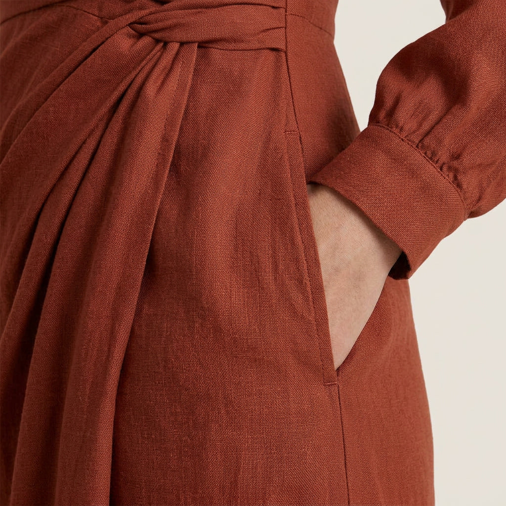 Vestido Largo Cruzado Efecto Lino Manga Larga para Mujer